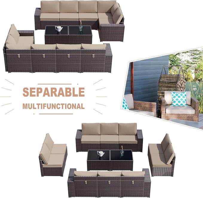 Kullavik Outdoor Patio Furniture Set, 12 Pieces Sectional Rattan Sofa Set Brown - Image 5