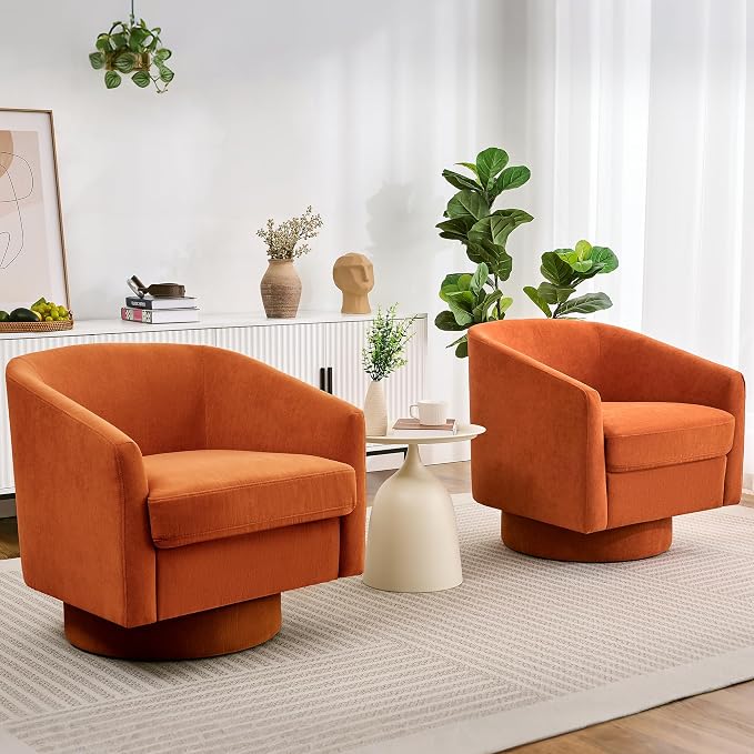 Swivel Barrel Accent Chairs Set of 2, Round Chenille Fabric Living Room Arm - Image 8