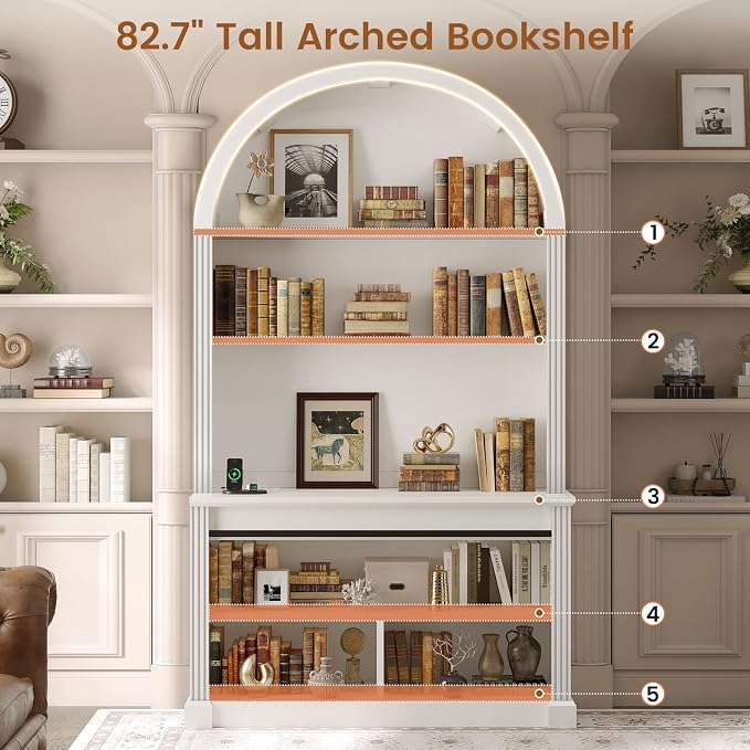 SEDETA 67" L Shaped Desk with Tall Arched Bookshelf, Mid-Century Office - Image 4