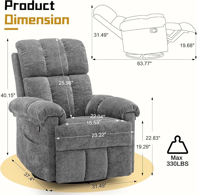 Korser Recliner Chair, Swivel Rocker Recliner Chair - Image 2