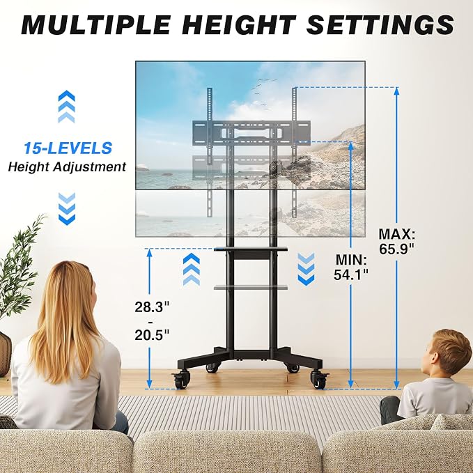 Rolling TV Stand with Shelf for 32-85 inch TVs up to 150lbs, Portable Mobile TV - Image 4