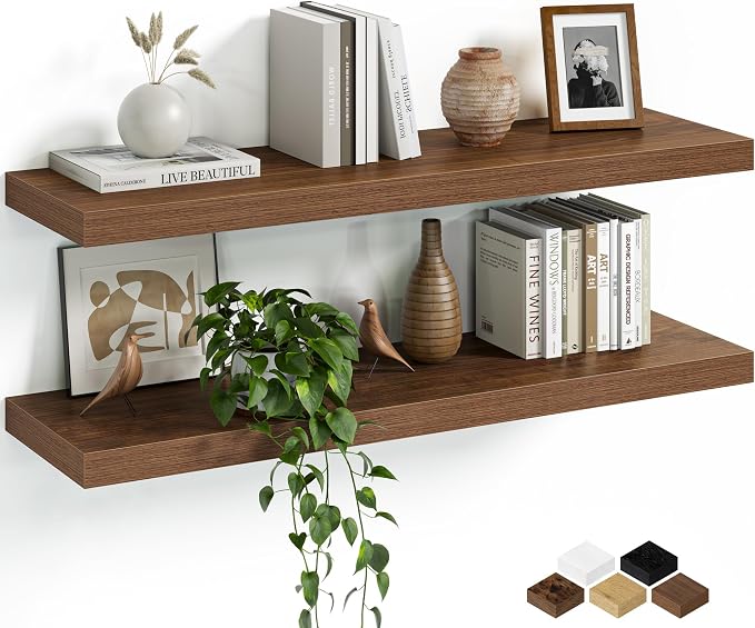Fun Memories Floating Shelves for Wall, 32 Inch Set of 2 Rustic Wood Wall by FunMemories