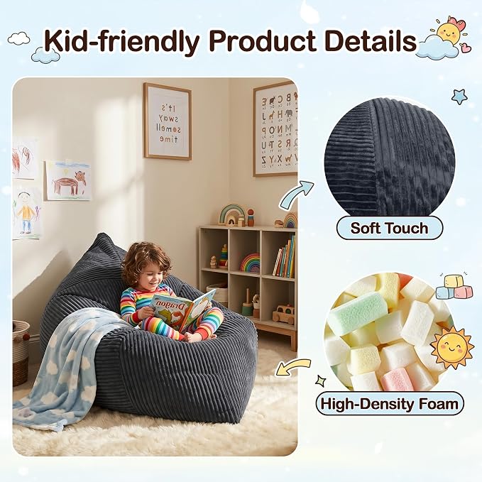 BRINJOY 3 in 1 Kids Bean Bag Chair Bed, Memory Foam Filled Floor Bed Bean Bag - Image 4