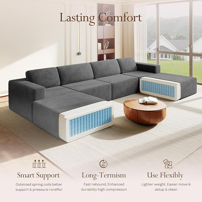 Vesgantti 159" Large Modular Sectional Sofa, U-Shaped Corduroy Cloud Couch - Image 3