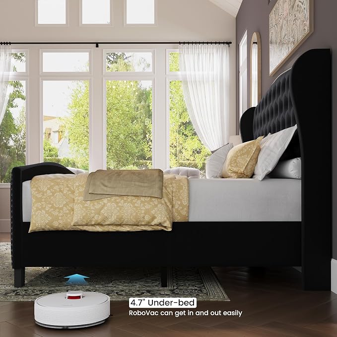 BRELTAM Upholstered King Size Bed Frame Velvet Black Tufted Platform Bed Frame - Image 7