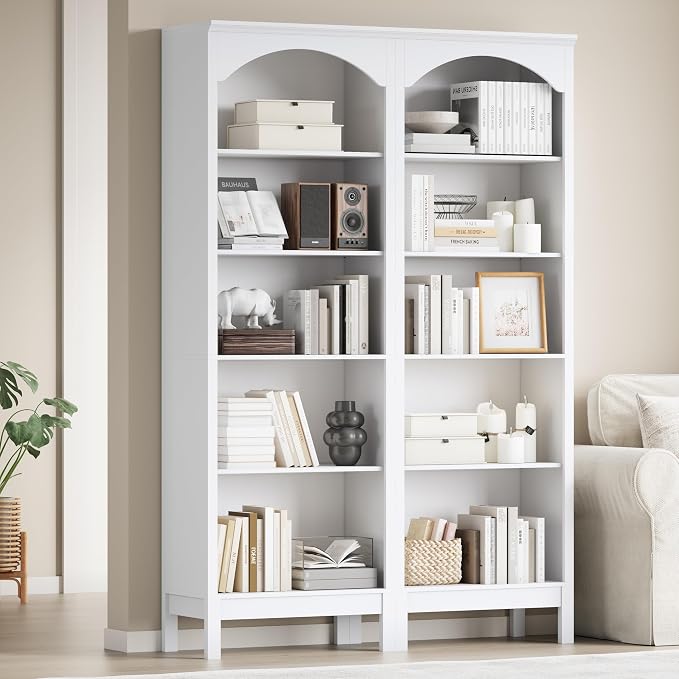 Arched Set of 2 Bookshelf with 5 Tier Open Shelves, Living Room, Modern White by JMHDYG