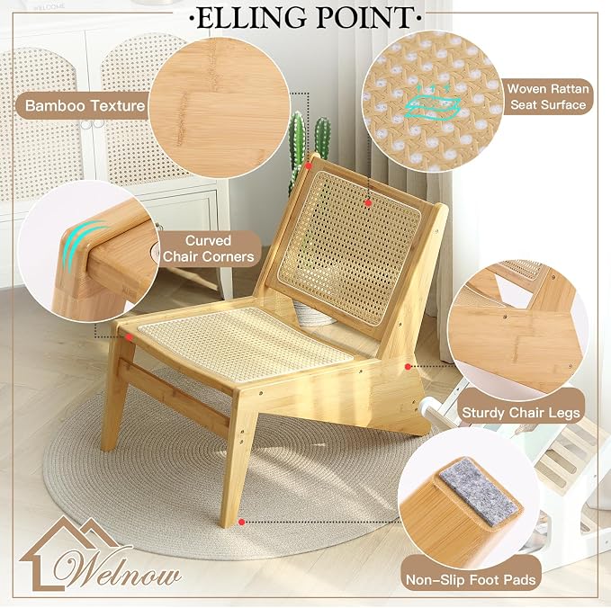 Welnow Mid Century Rattan Accent Chair, Bamboo Wood Lounge Chair - Image 4