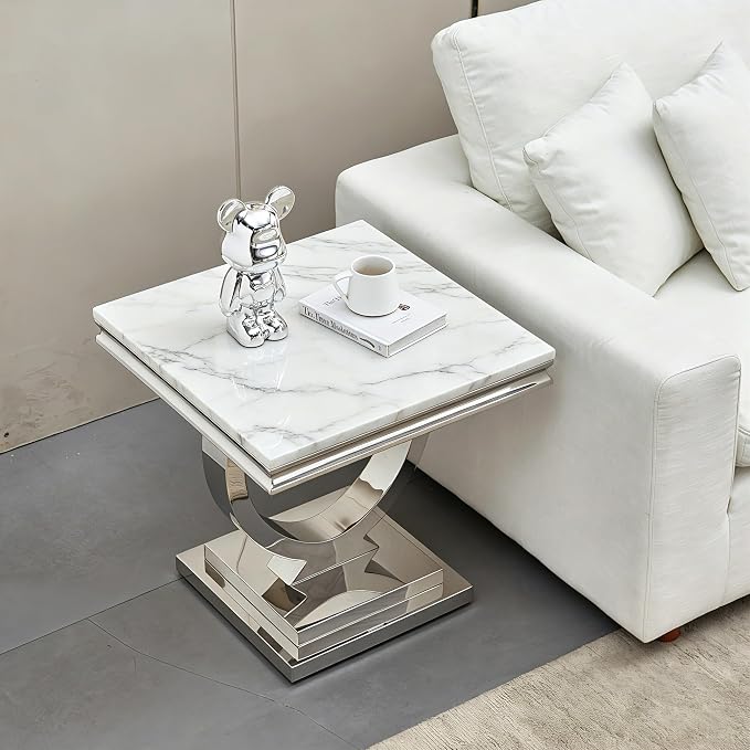 Henf Marble End Table Modern White Faux Marble Sofa Side Table - Image 4