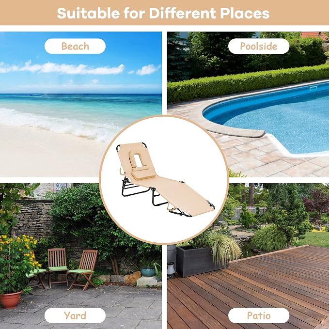 Folding Beach Lounge Chair w/ 5 Adjutable Backrest & Padded Pillow, Sunbathing - Image 9