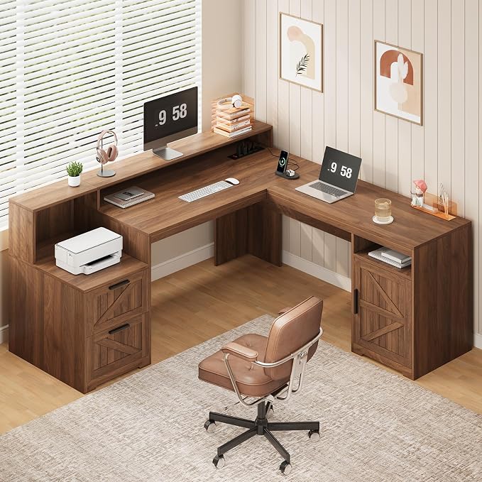 YOMILUVE 63" Farmhouse L Shaped Executive Desk by YomiluveDesign