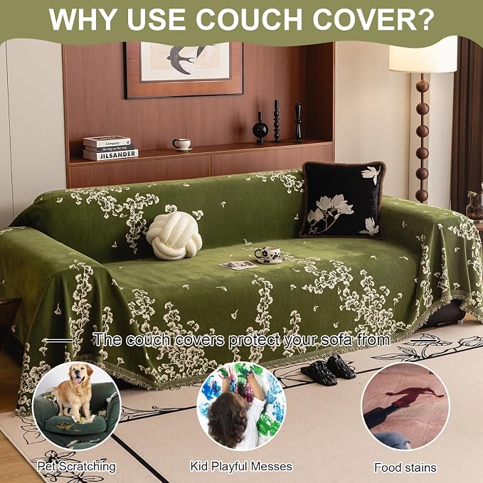 VClife Emerald Green Ginkgo Botanical Sofa Cover Non Slip Chenille Couch Cover - Image 3