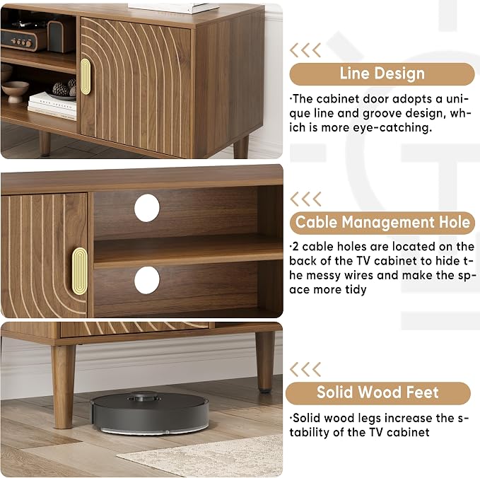 Smuxee Walnut TV Stand with Line Groove Design, 47.2" Mid Century Modern TV - Image 5
