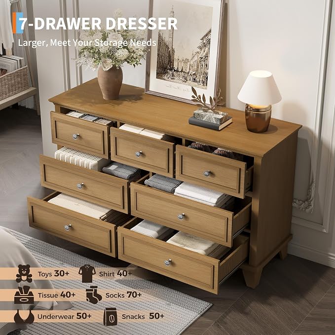 IDEALHOUSE 7 Drawer Dresser, Large Wooden Storage Chest of Drawers - Image 6