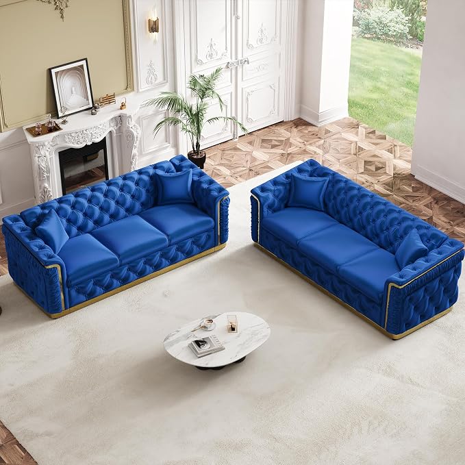 Luxury Chesterfield Sofa Set of 2, Velvet Tufted Couch Victorian Black and Gold by Nolohoo