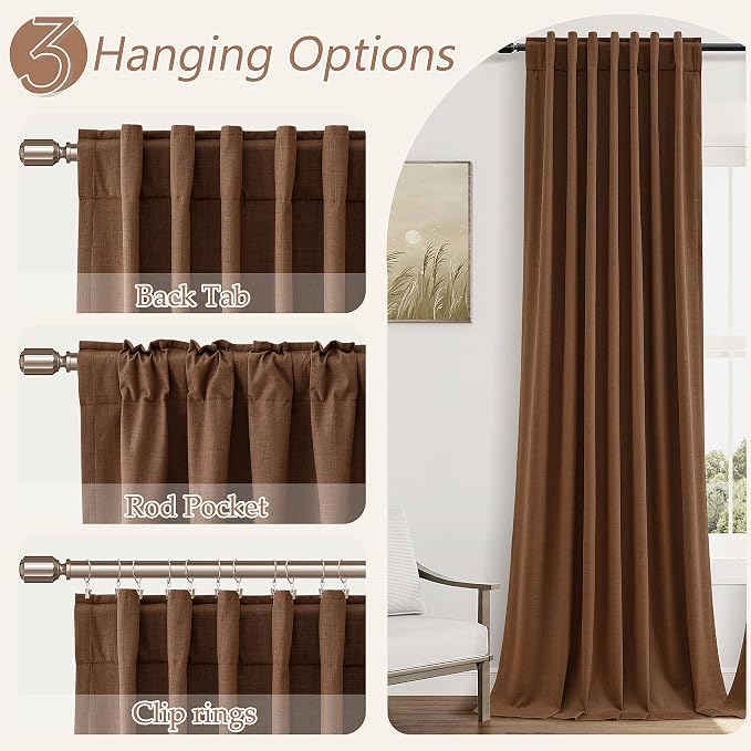Guken Caramel Brown 100% Blackout Linen Curtains 100 Inch Length 2 Panels Set - Image 6