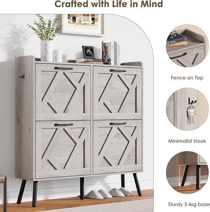 Nicetree Shoe Cabinet with 4 Flip Drawers, Freestanding Shoe Organizer Cabinet - Image 6