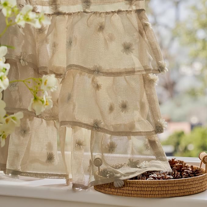jinchan Ruffled Kitchen Valance Pom-Pom Voile Valance Curtains Sheer Shabby - Image 8