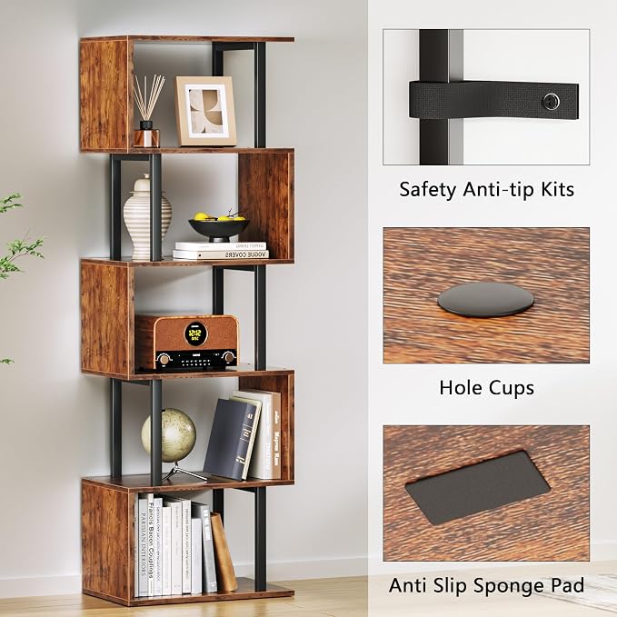 Furologee 6 Tier Bookshelf, Tall S Shaped Geometric Bookcase, Modern Display - Image 5