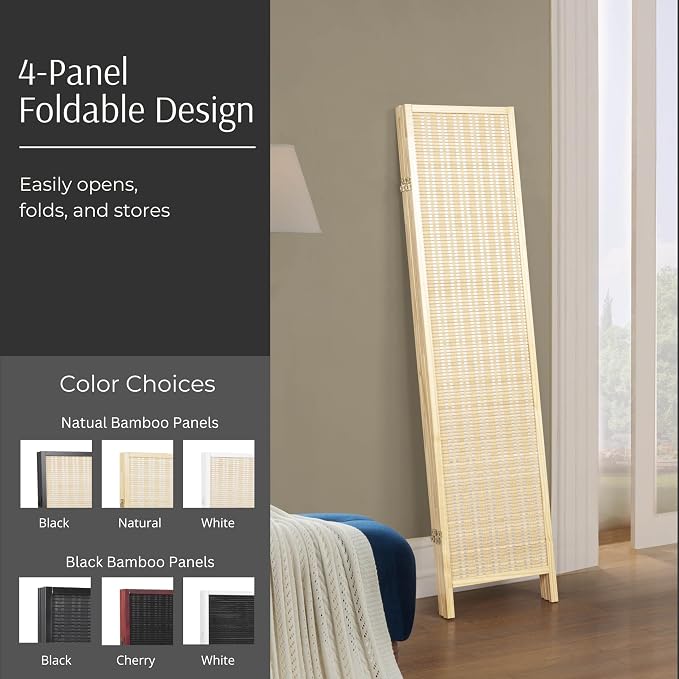 Roundhill Furniture Inkwell 4-Panel Bamboo Room Divider, Folding Portable - Image 3