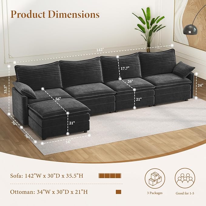 Vesgantti 142" Cloud Couch Sectional Modular Sofa, Comfy Sectional Couch - Image 2