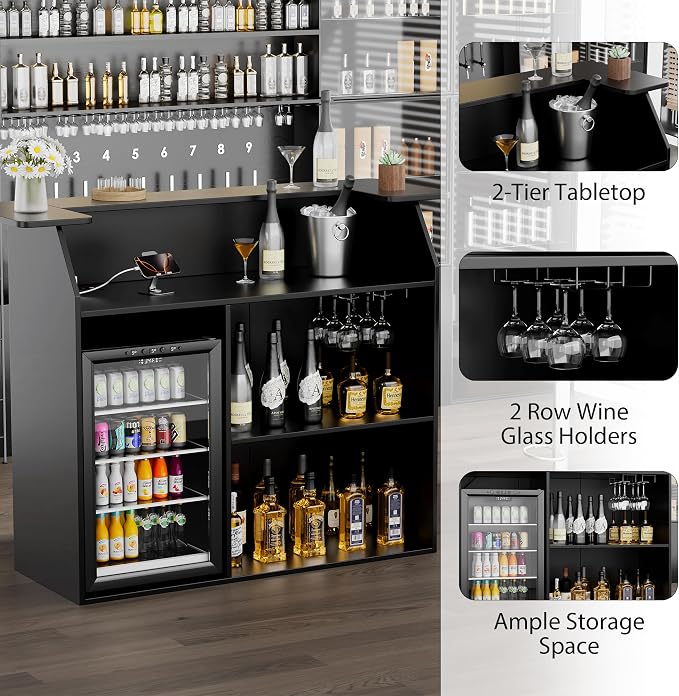 L-Shaped Home Bar Unit with Power Outlet, 4-Tier Corner Liquor Bar Cabinet with - Image 5