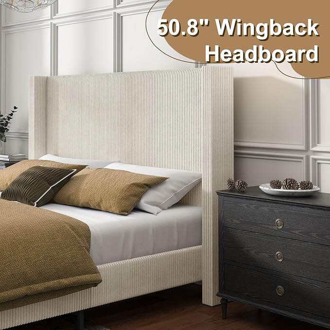 HOWE Queen Size Bed Frame with 50.8" Tall Wingback Headboard, Modern Corduroy - Image 5