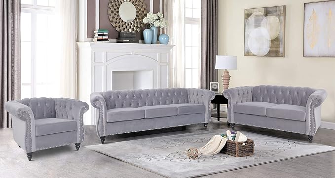 RARZOE Modern 2 Pieces Living Room Sofa Set, Contemporary Tufted Button Velvet - Image 3