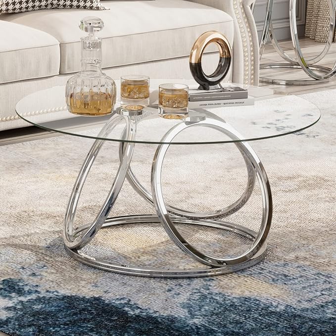 O&K FURNITURE Silver Coffee Table, Modern Glass Coffee Table Living Room Table - Image 8