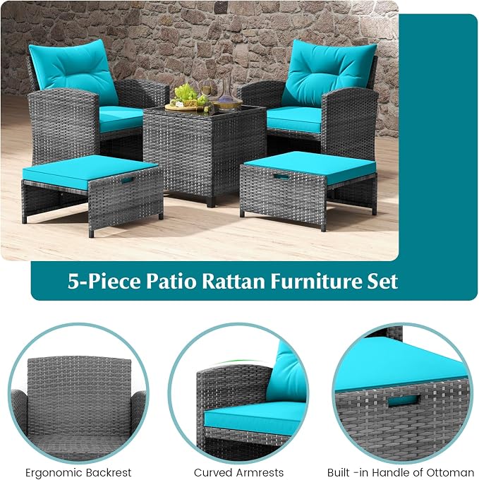 Tangkula 5 Pieces Patio Conversation Set, PE Wicker Rattan Outdoor Furniture Set - Image 4