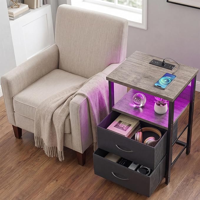 Fixwal Night Stand with Charging Station, LED Nightstand with U-S-B Ports and - Image 6