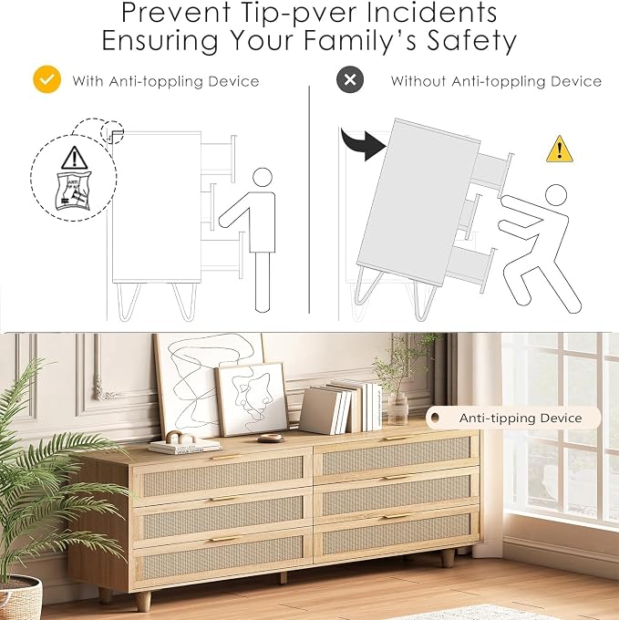 6 Drawer Double Dresser for Bedroom, Natural Rattan Modern Drawer Chest - Image 6