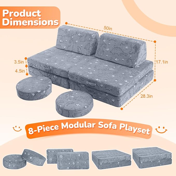 MeMoreCool Modular Kids Couch, 8-Piece Toddler Couch Play Couch & Kids Sofa Set - Image 2