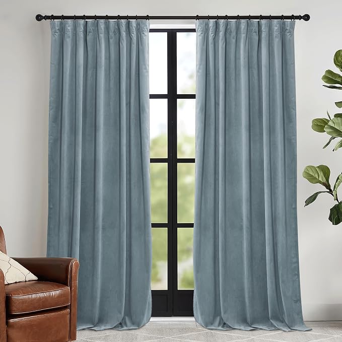 RYB HOME Stone Blue Velvet Curtains 84 inches by RYBHOME