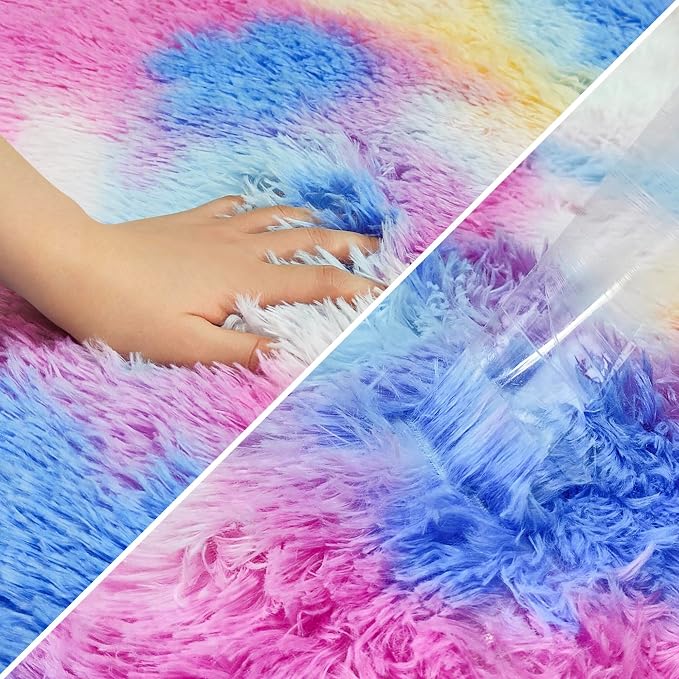 Small Fluffy Colorful Rug for Bedroom Girls 2x3 Mini Kawaii Rainbow Tie Dye - Image 6