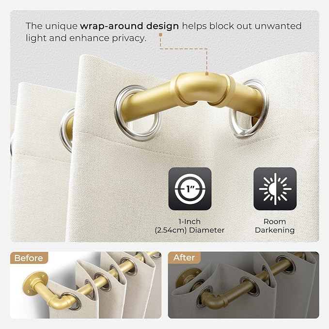 Zeerobee Curtain Rods for Windows 48 to 84, 1 Inch Industrial Wrap Around Gold - Image 3