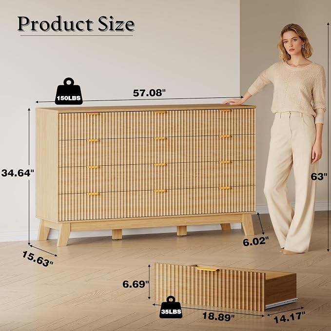 BORNOON 57" Wide Dresser for Bedroom, 12-Drawer Fluted Dresser - Image 2