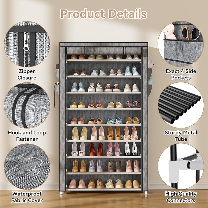 LANTEFUL Shoe Rack with Covers 10 Tier Tall Shoe Rack Organizer Large Capacity - Image 4