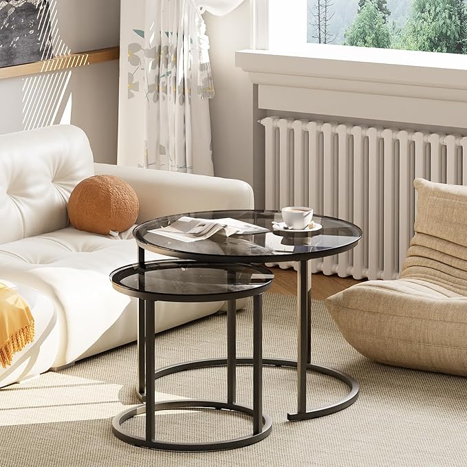 aboxoo Nesting Coffee Table Grey Glass Table Set of 2, Small Round Glass - Image 7