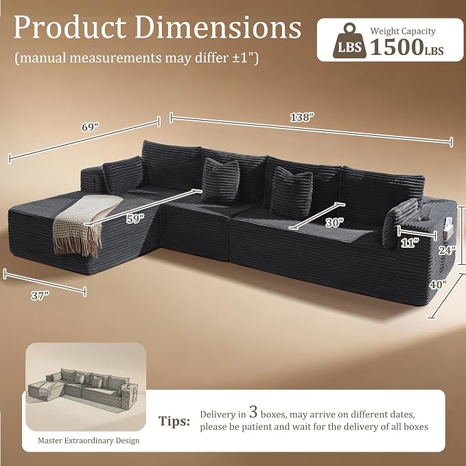 138" Oversized Cloud Sectional Couch, Comfort L Shaped Boneless Couch - Image 2