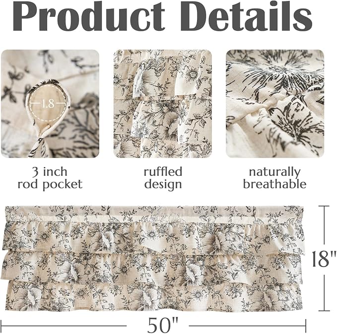 jinchan Ruffled Floral Valance Linen Shabby Chic Small Window Curtain 18 Inch - Image 8