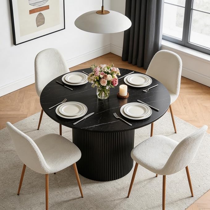 Dining Table Set for 4, Mid Century Modern 47 Inch Black Marble-Look Wooden - Image 4