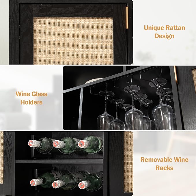 SICOTAS Rattan Coffee Bar Cabinet, Modern Liquor Wine Cabinet Set of 2 Credenza - Image 6