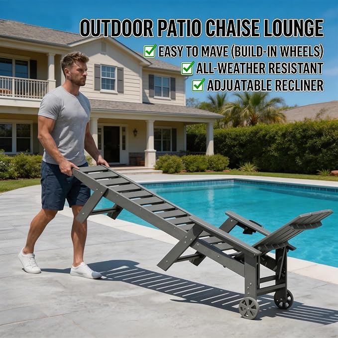 Outdoor Lounge Chair, HDPE 4-Position Adjustable Chaise Lounge Outdoor - Image 6