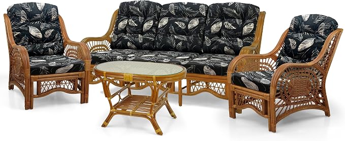 Malibu Lounge Set of 4: 2 Natural Rattan Wicker Chairs, Three-Seater Sofa and - Image 2
