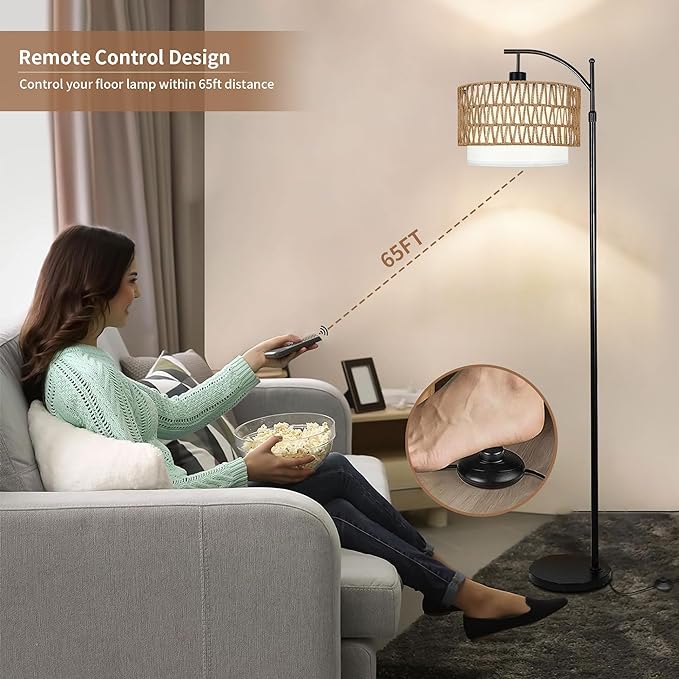 ZECOXOL Arc Floor Lamp with Table and Shelves, Rattan Boho Floor Lamp with - Image 4
