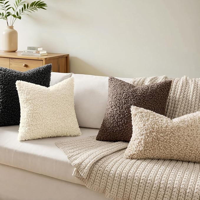 Faux Fur Throw Pillow Covers 18x18 Inch Set of 2 Boucle Neutral Decorative - Image 4