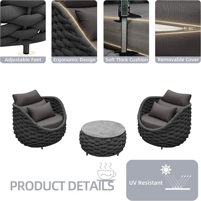 TWT 3 Pieces Aluminum Patio Furniture Set, Hand Woven Textilene Rope Outdoor - Image 5