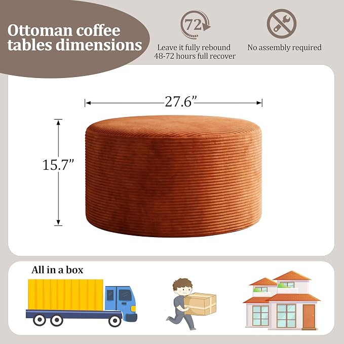 BSHOMGI Round Ottoman, Corduroy Ottomans Foot Stool, 27.5" Pouf Footstool - Image 2