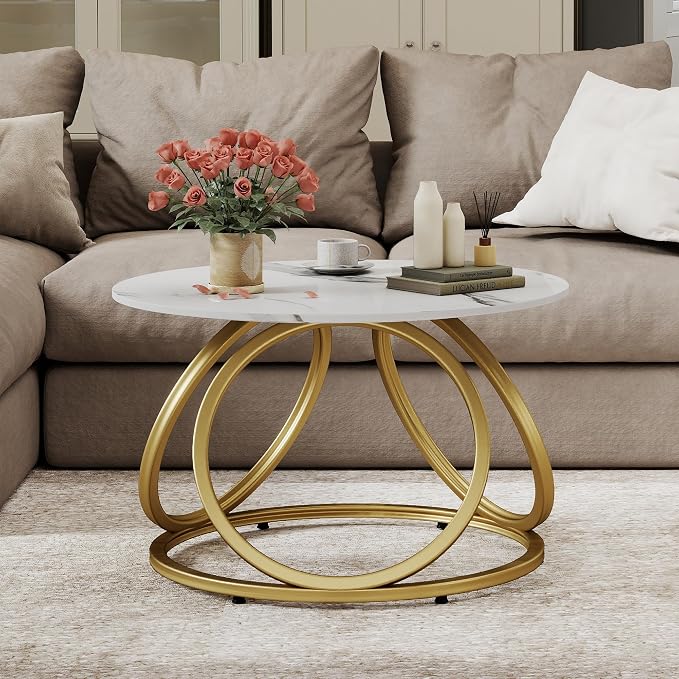 O&K FURNITURE Gold Round Coffee Table, Faux Marble Top - Image 4