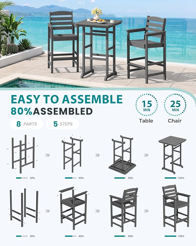 SERWALL 5 Pieces Outdoor Patio Bar Set, Tall Adirondack Bar Chair and Table Set - Image 7